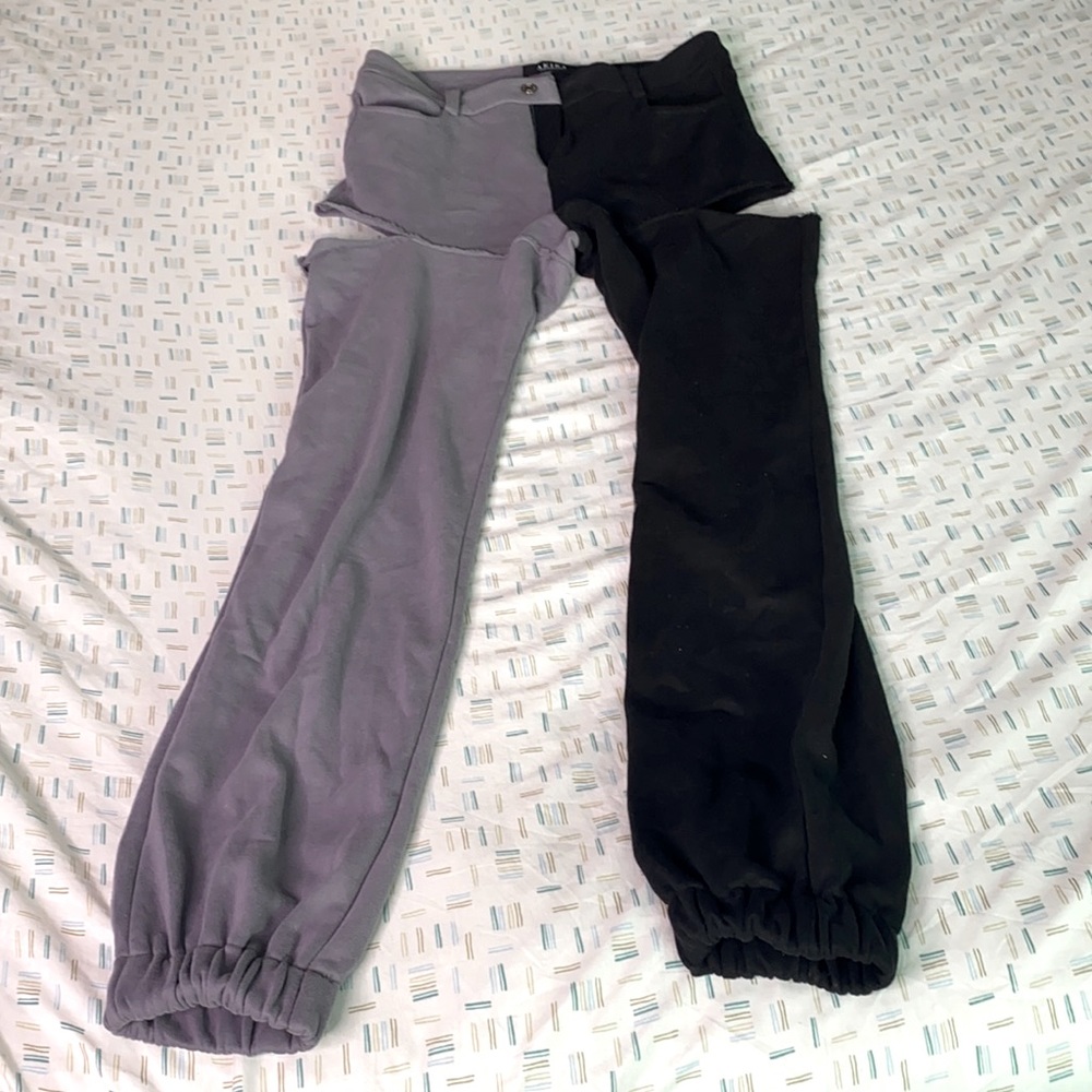 Black and grey sweat material pants with slits
